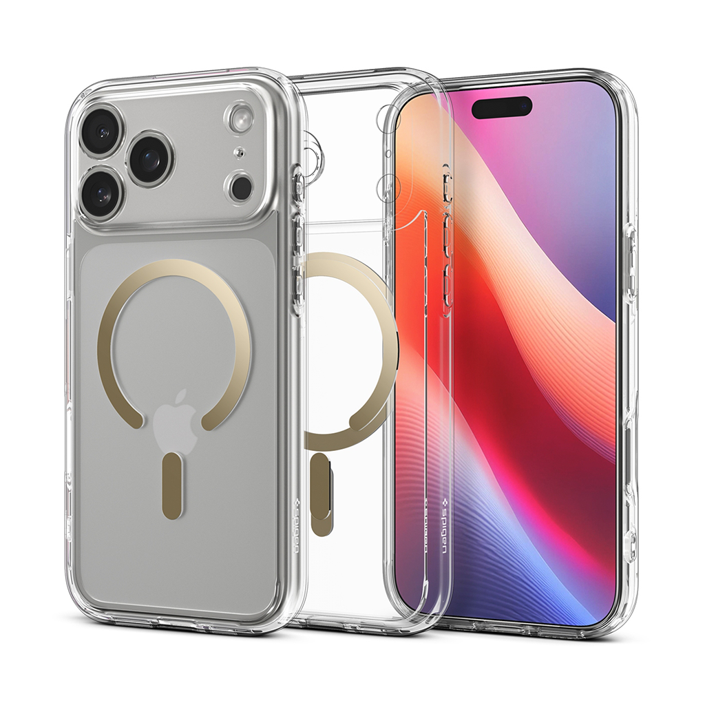 Kaitseümbris Ultra Hybrid (MagFit), Apple iPhone 17 Pro, läbipaistev kuldse MagSafe ringiga, Spigen