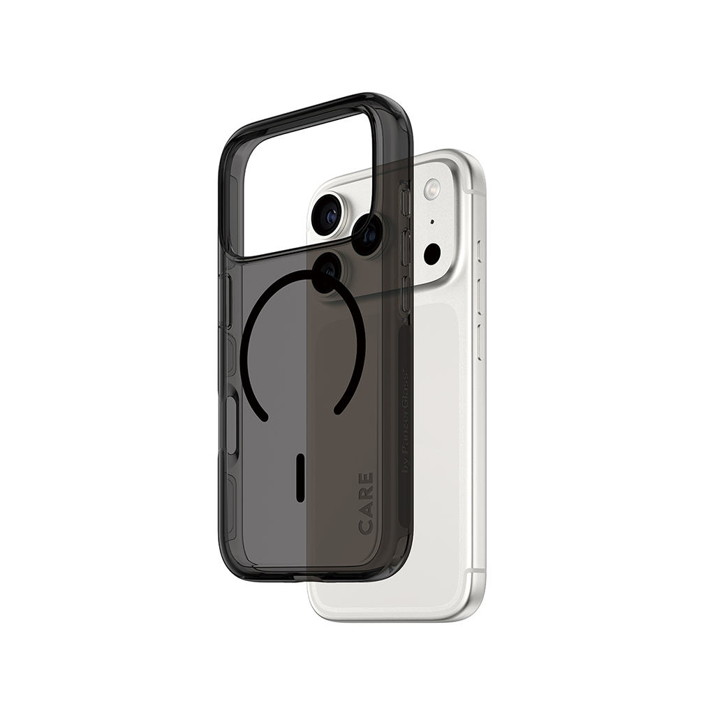 Kaitseümbris Smokey, Apple iPhone 17 Pro, tume läbipaistev musta MagSafe ringiga, CARE by PanzerGlass