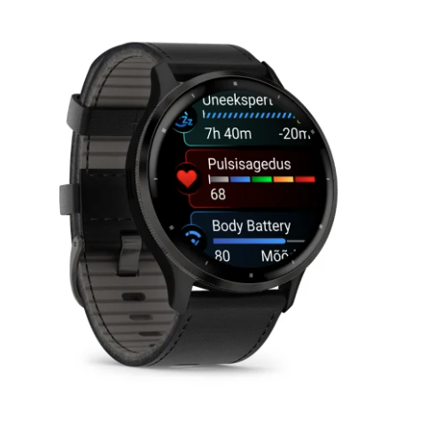Garmin Venu 3 Slate Stainless Steel Bezel with Black Case and Black Leather Band - Image 2