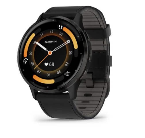 Garmin Venu 3 Slate Stainless Steel Bezel with Black Case and Black Leather Band