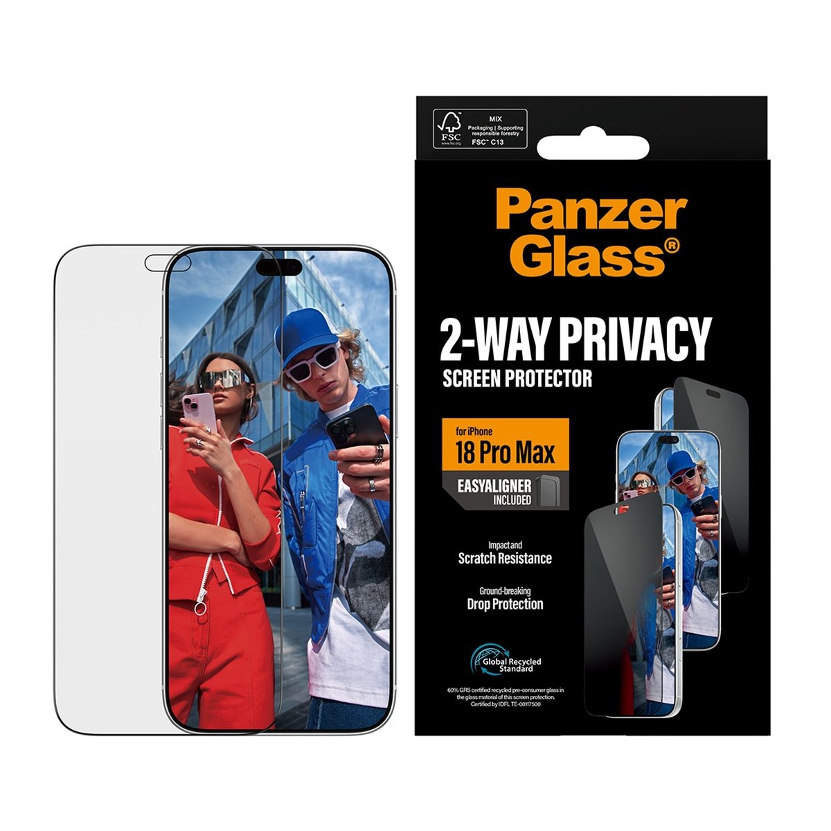 Kaitseklaas privaatsusfiltriga Apple iPhone 18 Pro Max Ultra-Wide Fit EasyAligner Paigaldusraamiga PanzerGlass