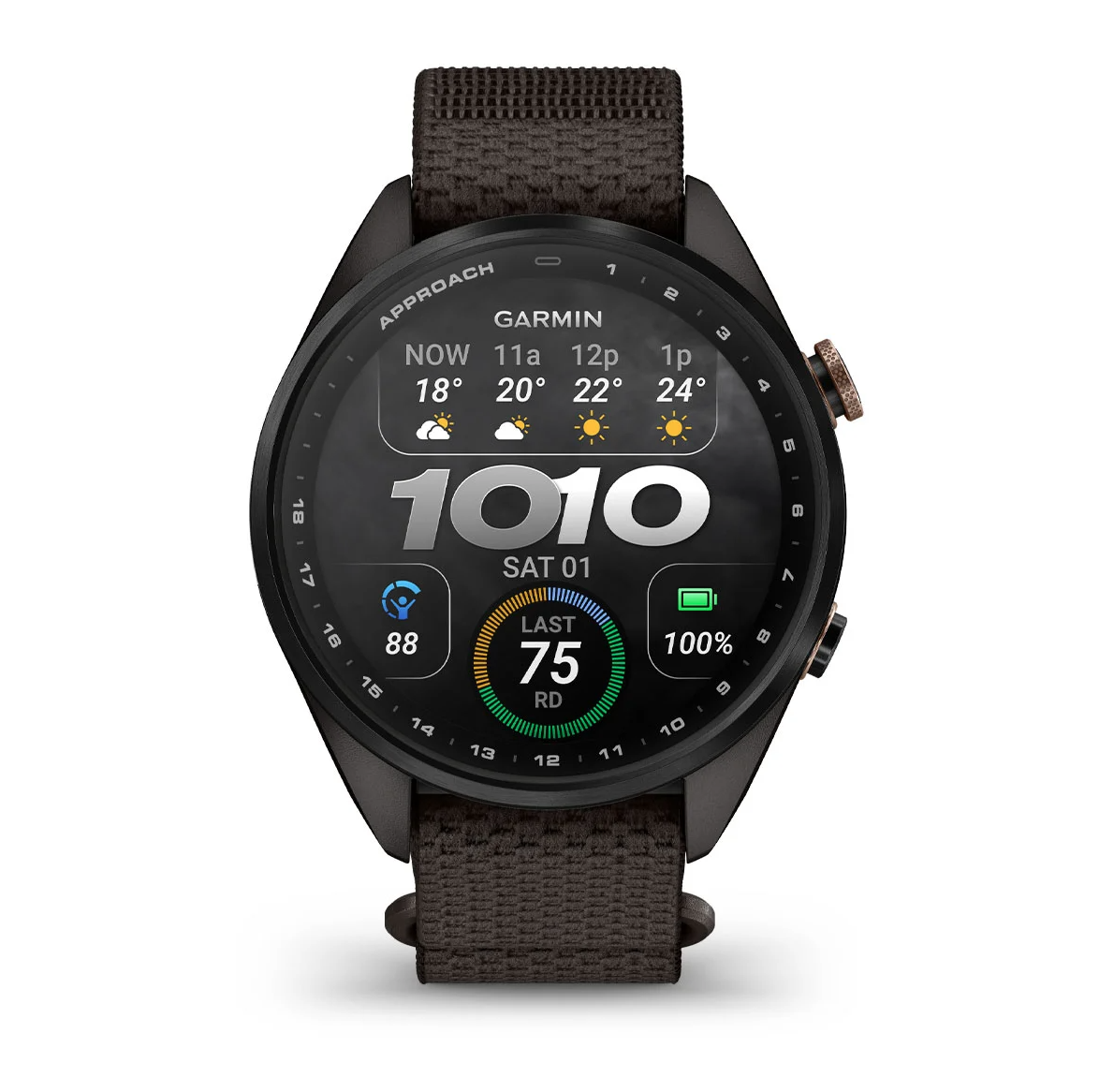 Garmin Approach S72 43mm Carbon Gray Heritage Bronze DLC Titanium Bezel with Pebble Gray ComfortFit Fabric Band - Pilt 3