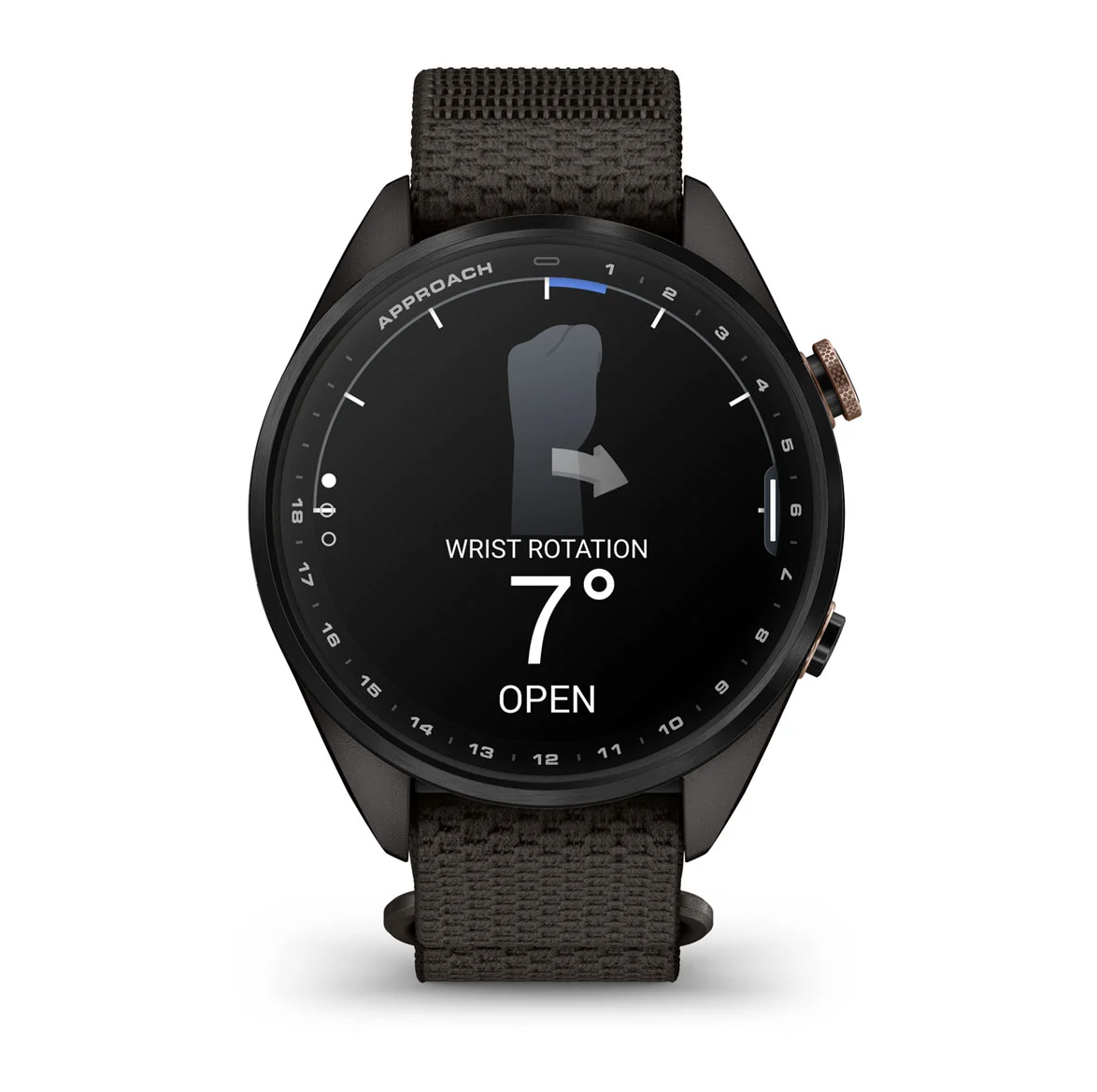 Garmin Approach S72 43mm Carbon Gray Heritage Bronze DLC Titanium Bezel with Pebble Gray ComfortFit Fabric Band - Pilt 4