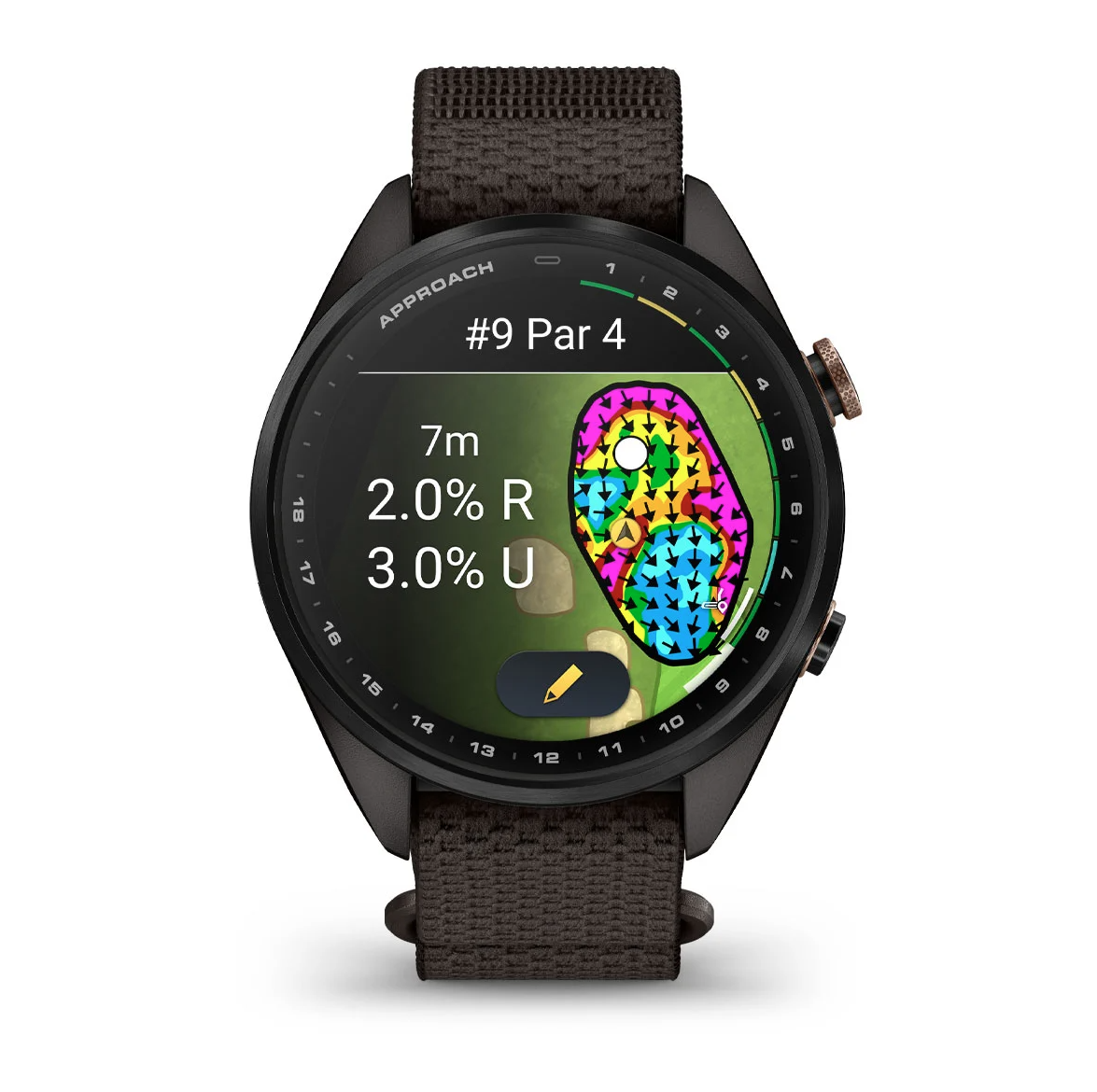 Garmin Approach S72 43mm Carbon Gray Heritage Bronze DLC Titanium Bezel with Pebble Gray ComfortFit Fabric Band - Pilt 6