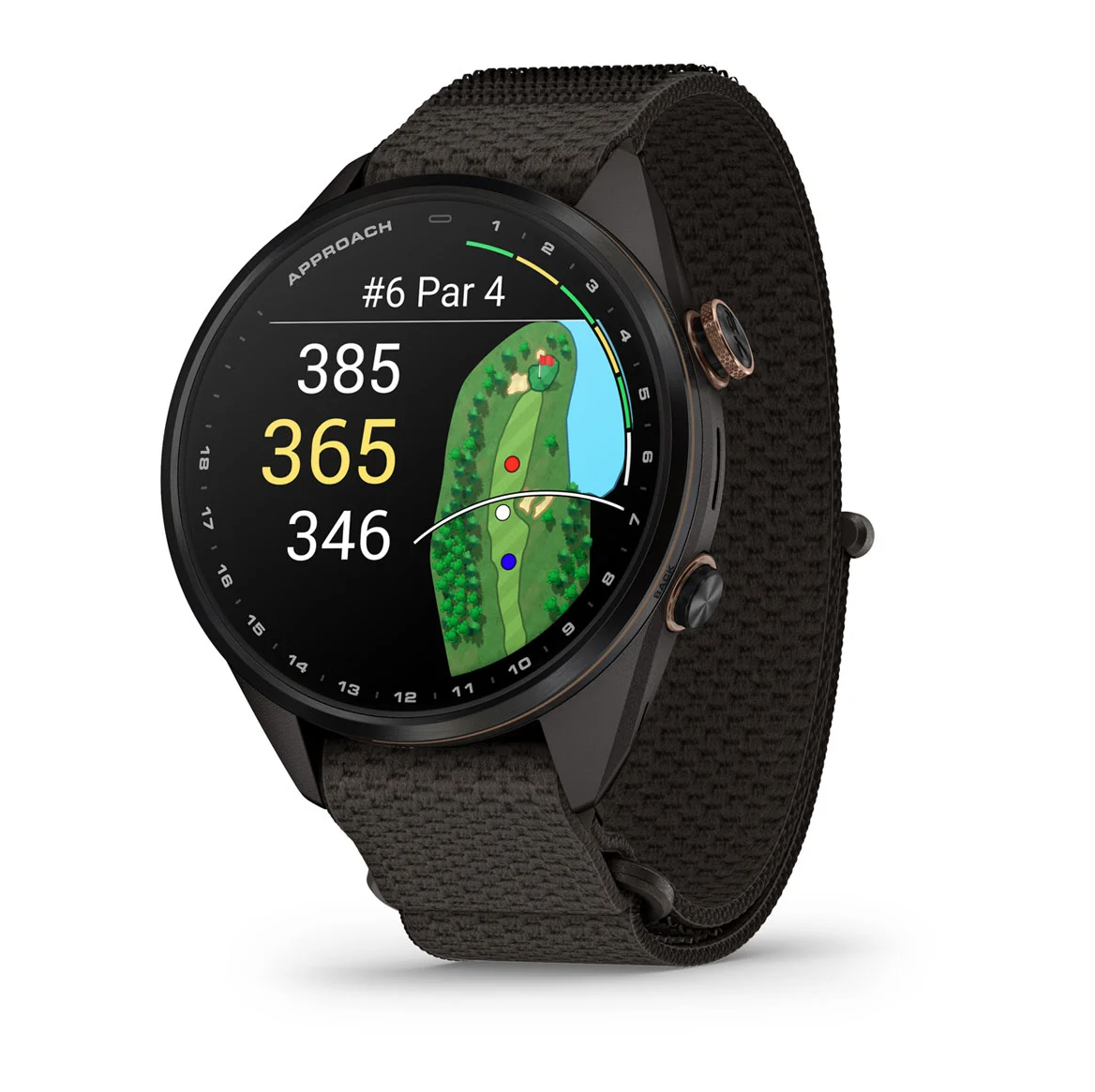 Garmin Approach S72 43mm Carbon Gray Heritage Bronze DLC Titanium Bezel with Pebble Gray ComfortFit Fabric Band