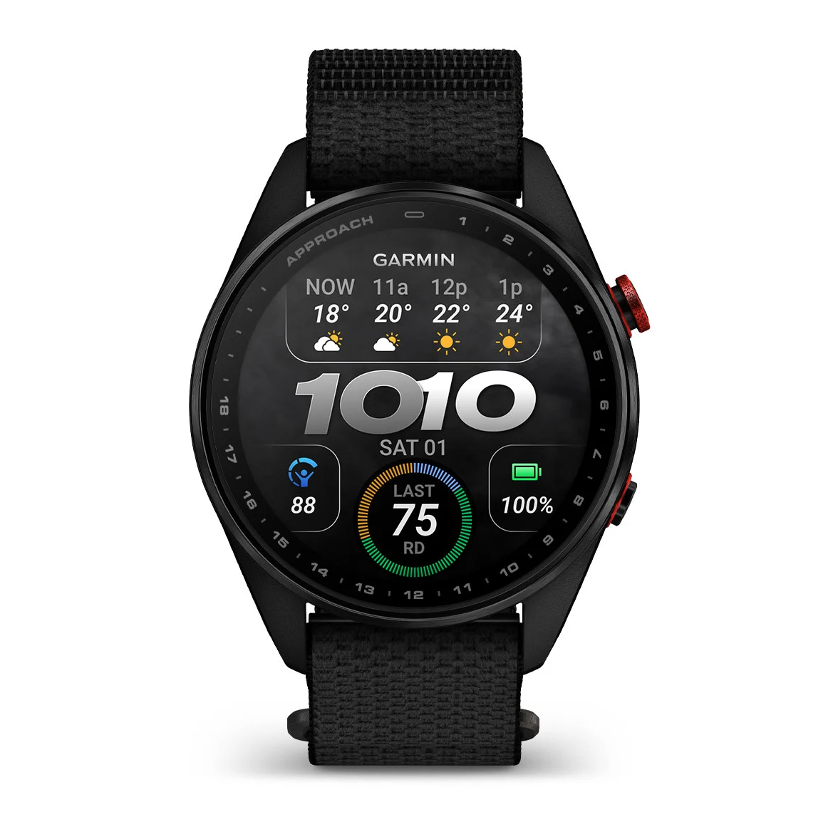 Garmin Approach S72 47mm Carbon Gray Red DLC Titanium Bezel with Black ComfortFit Fabric Band - Pilt 5