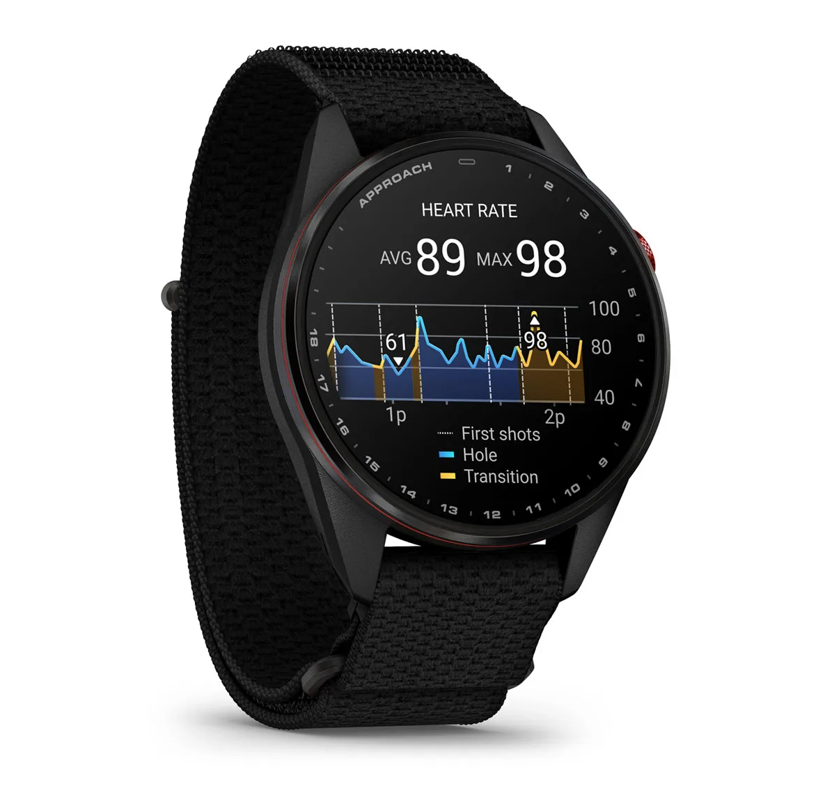 Garmin Approach S72 47mm Carbon Gray Red DLC Titanium Bezel with Black ComfortFit Fabric Band - Pilt 2