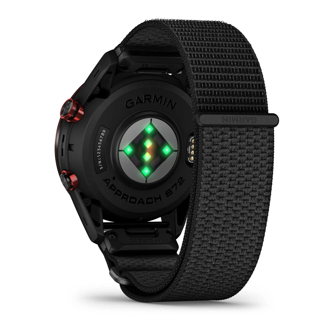 Garmin Approach S72 47mm Carbon Gray Red DLC Titanium Bezel with Black ComfortFit Fabric Band - Pilt 6
