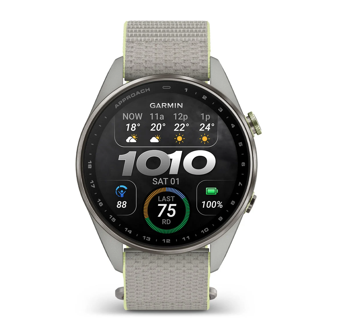 Garmin Approach S72 47mm Silver Citron Titanium Bezel with Fog Gray Citron ComfortFit Fabric Band - Pilt 3