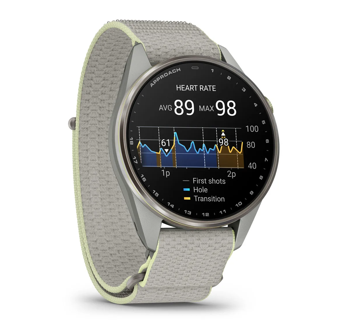 Garmin Approach S72 47mm Silver Citron Titanium Bezel with Fog Gray Citron ComfortFit Fabric Band - Pilt 2