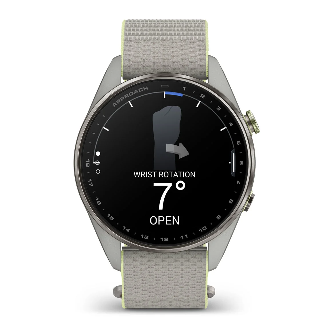 Garmin Approach S72 47mm Silver Citron Titanium Bezel with Fog Gray Citron ComfortFit Fabric Band - Pilt 4